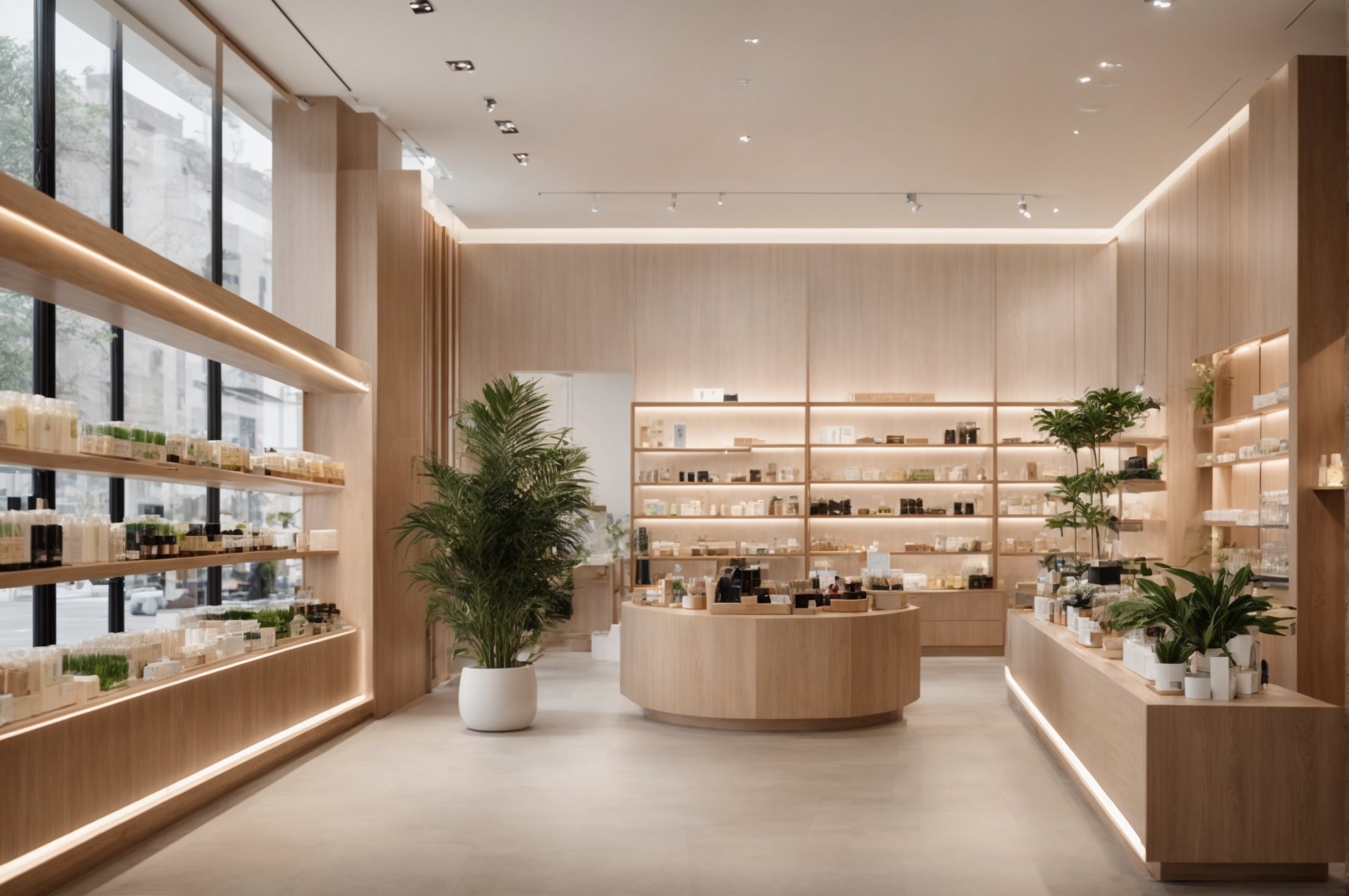 Photo-realistic view of modern CBD shop with large windows, variety of products on display, elegant wooden shelves, salesperson assisting customer, and lively street ambiance