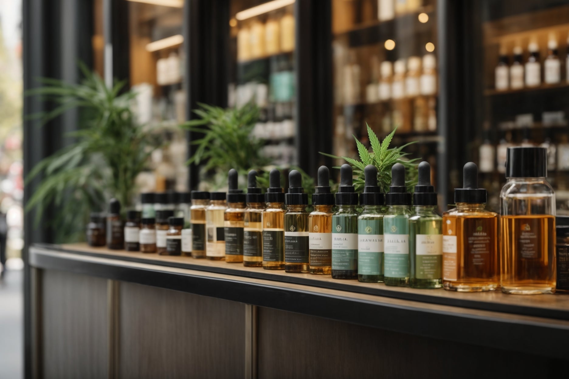 CBD products with a storefront in background