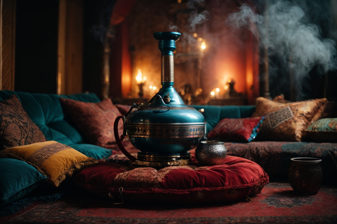 hookah surrounded by pillows and smoke